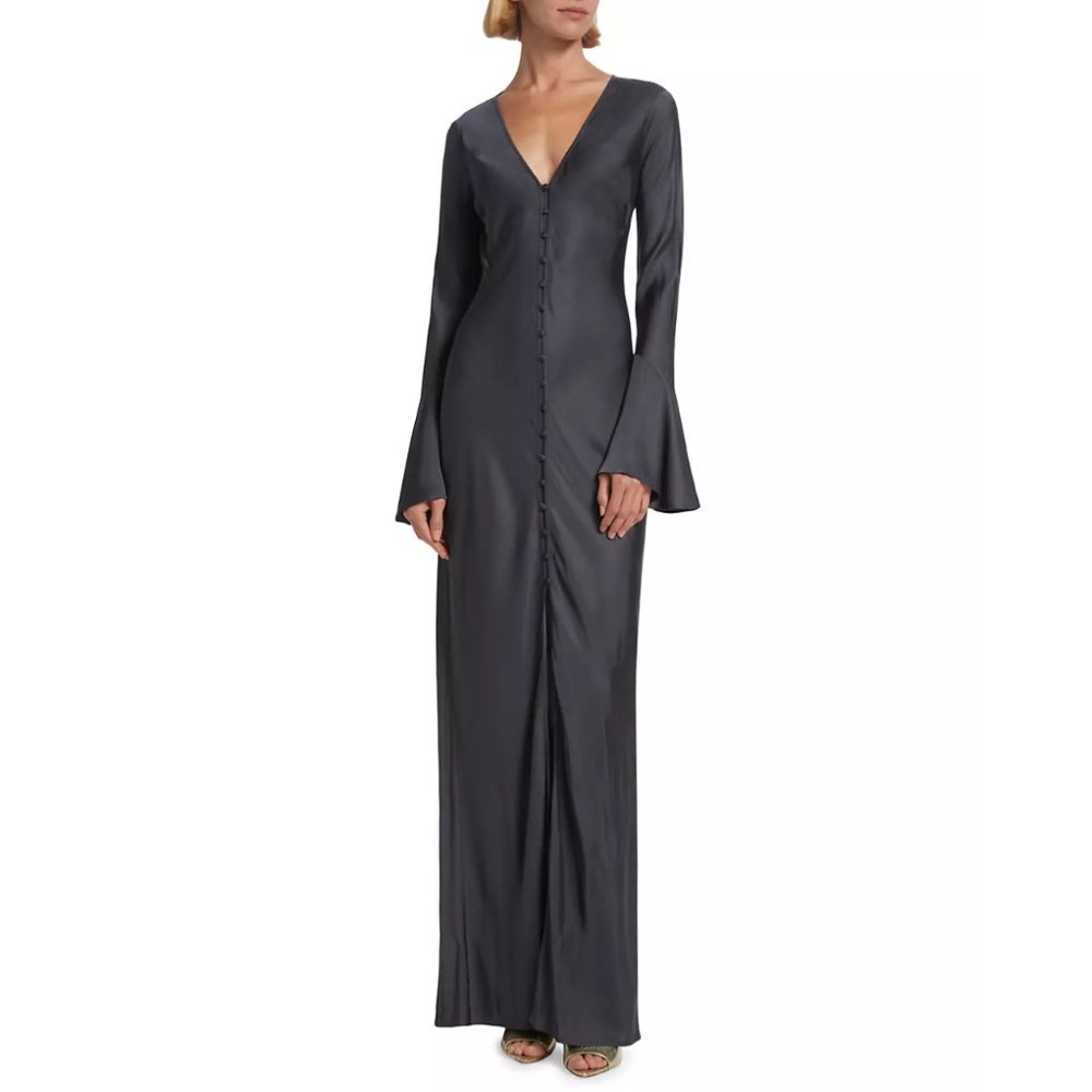 L'AGENCE | Dakota Satin Bell-Sleeve Dress | Dark Graphite